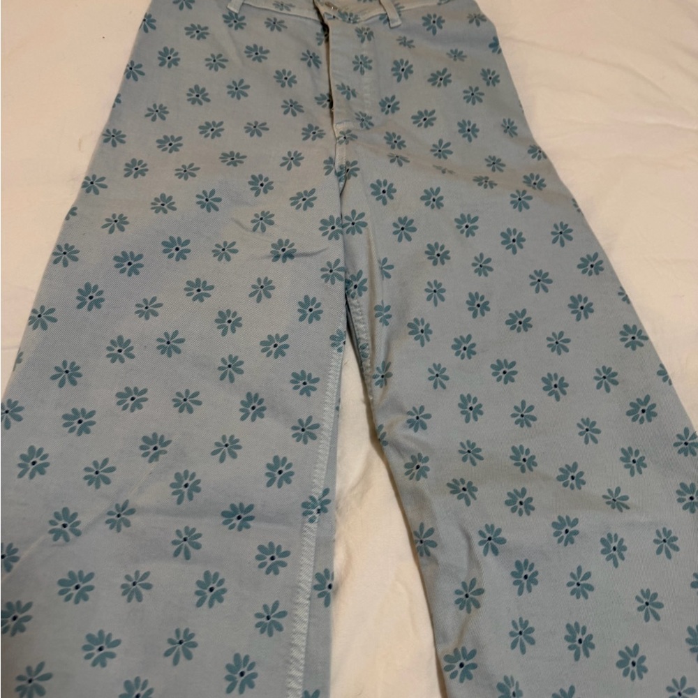 Zara Pale Blue Pants with Teal Floral Accents